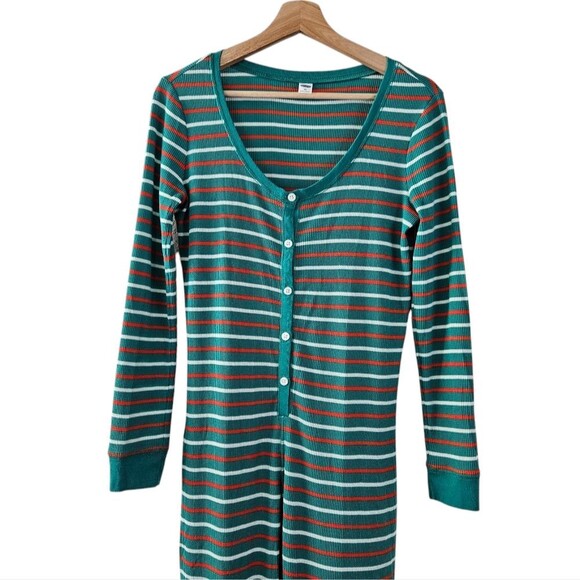 Old Navy Green Stripe Christmas Holiday Elf Onesie Longjohn Pajamas - Picture 2 of 5